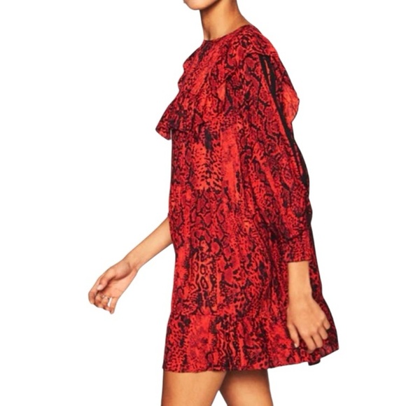 BA&SH Sz L Robe Sym Red Reptile Print Ruffle Dress - Picture 1 of 7